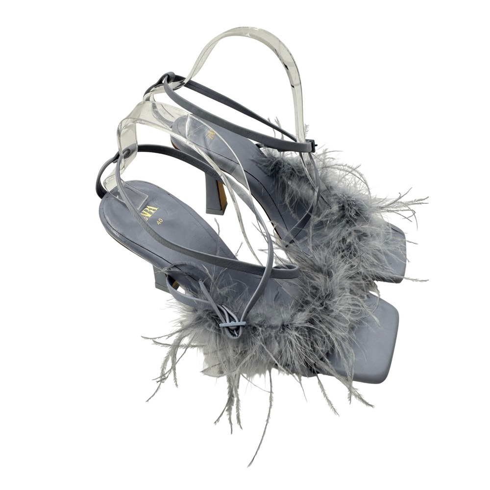 Zara Sandals Feather Ankle Strap Periwinkle Blue Size 40 Square Toe Block Heel - Picture 4 of 10
